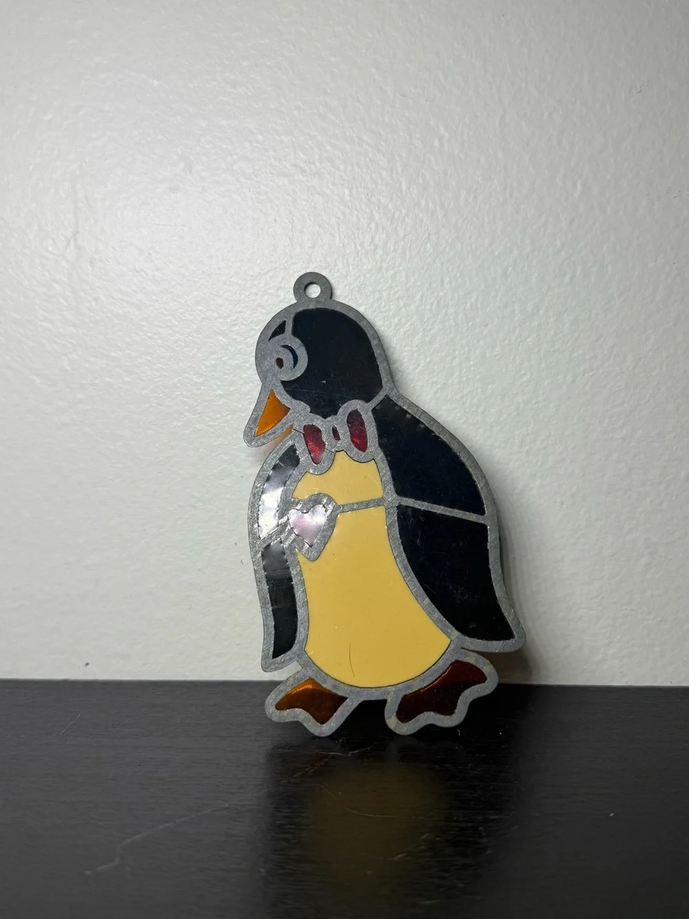Vintage 1980s Stained Glass Penguin With A Bow Sun Catcher